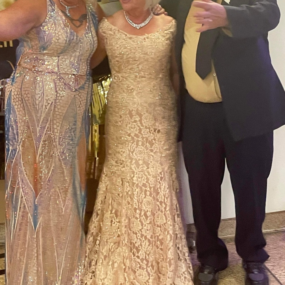 Formal Mermaid style off the shoulder gold sequin gown